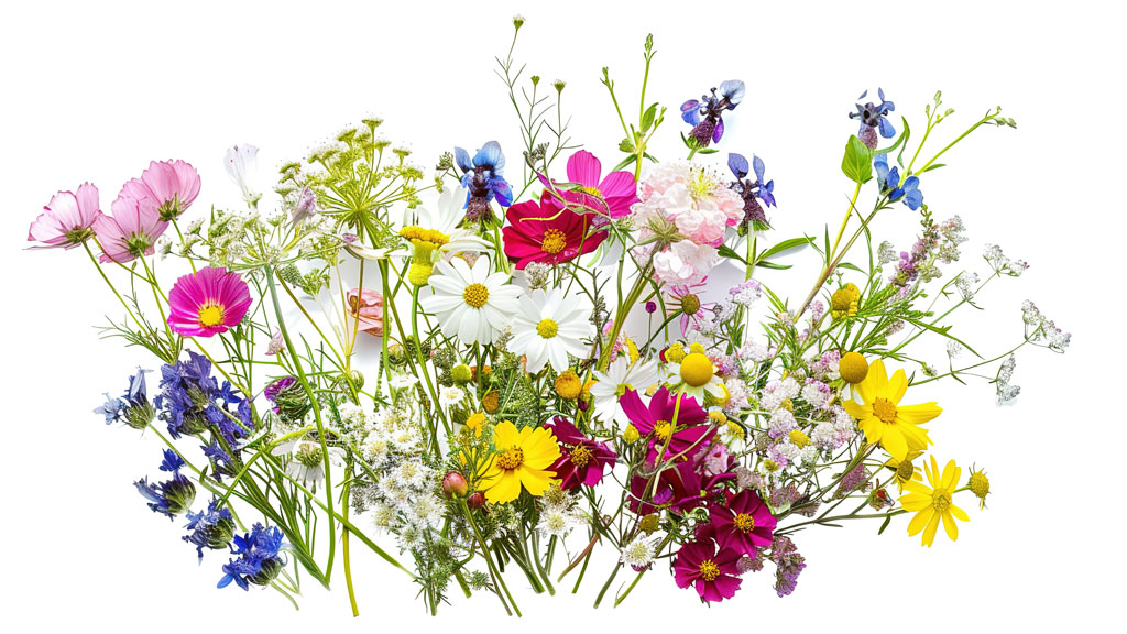 Fleurs sauvages variées en pleine floraison illustrant les élixirs floraux de Bach