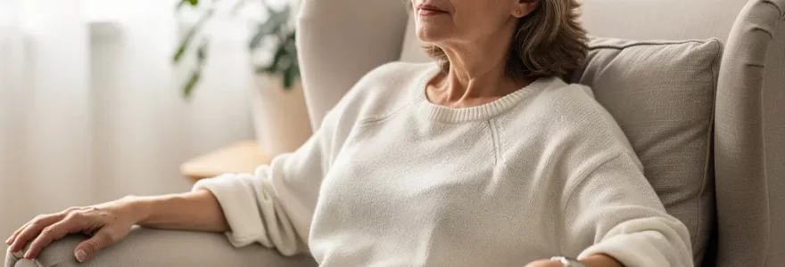 Femme européenne détendue dans un salon lumineux illustrant le bien-être émotionnel avec les fleurs de Bach